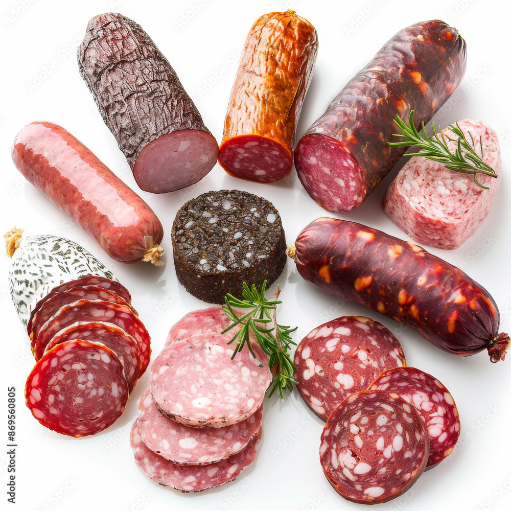 Top and side views of smoked salami sausage slices, isolated on a white background. Top and side views of smoked salami sausage slices, isolated on a white background.