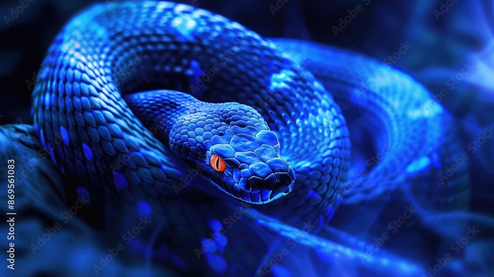 Obraz premium Vivid blue snake with red eyes, coiled menacingly under dark, eerie light
