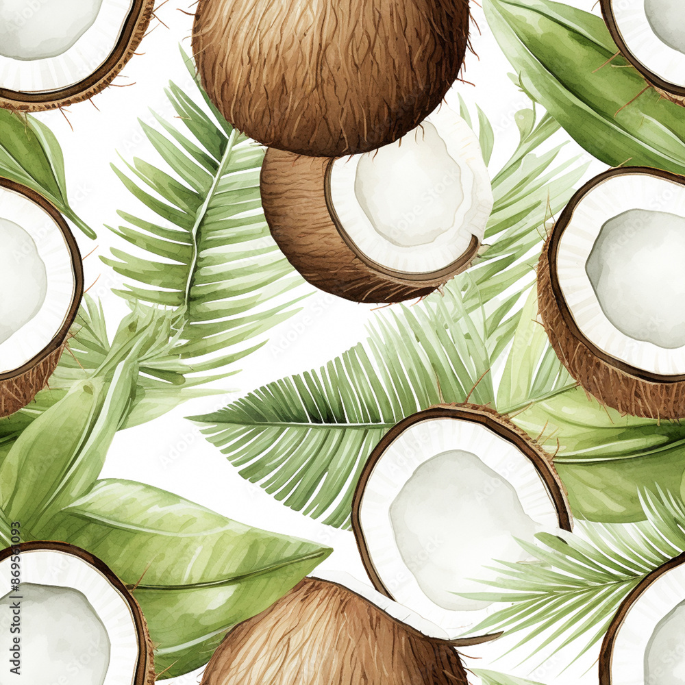 Whole and half coconut on a background of green leaves, seamless pattern, watercolor illustration. Whole and half coconut on a background of green leaves, seamless pattern, watercolor illustration.