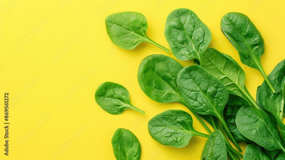 Obraz premium Fresh spinach leaves on bright yellow background