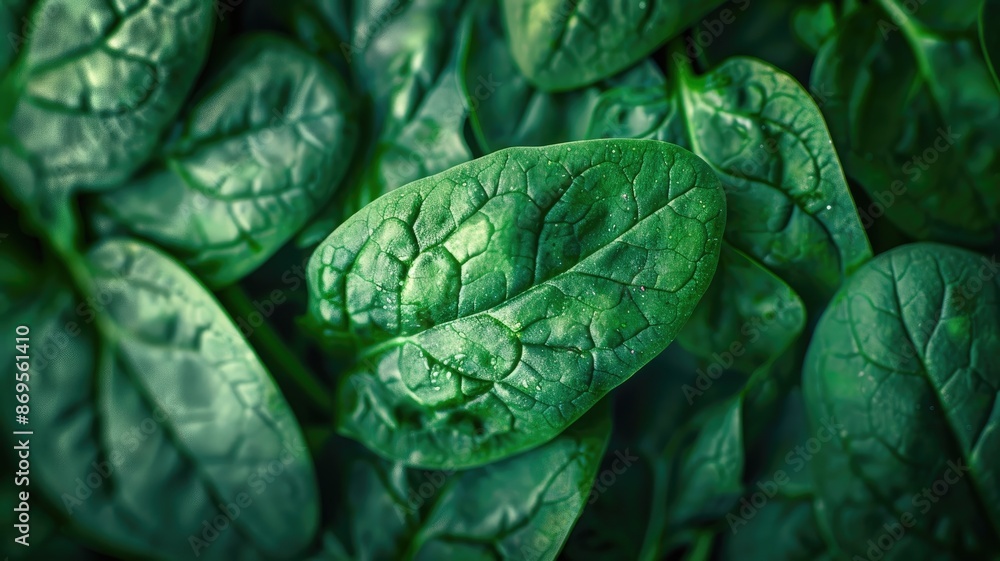 Fototapeta premium Fresh spinach leaves with water droplets, close-up detail