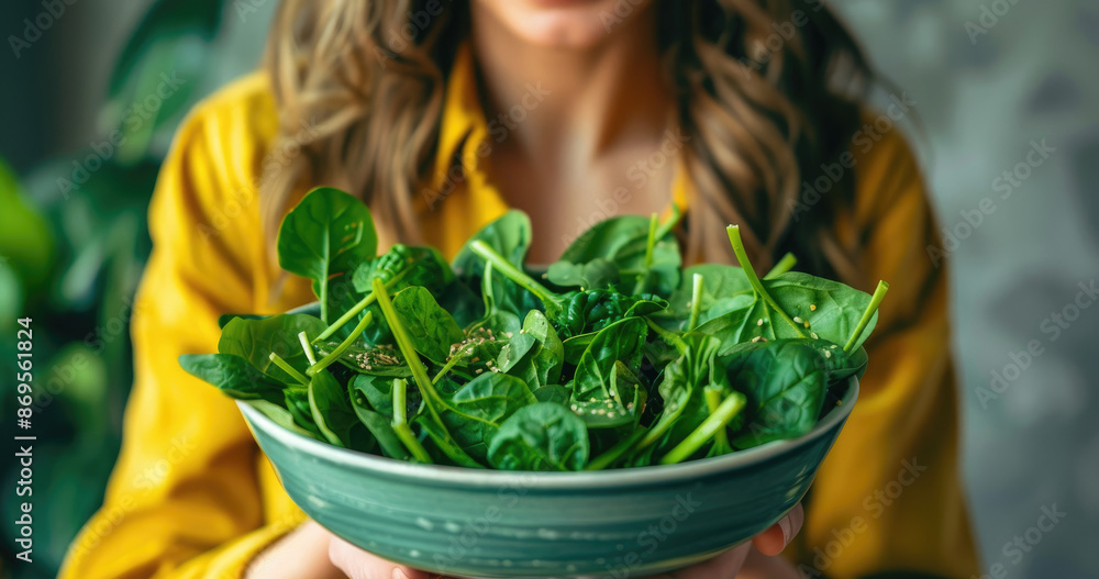Woman in yellow shirt holding bowl of fresh spinach Woman in yellow shirt holding bowl of fresh spinach