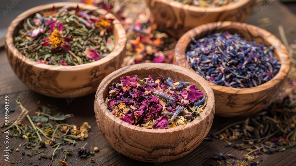 arrangement of wooden bowls filled with colorful dried herbs and flowers for aromatherapy soft natural lighting highlights textures and earthy tones arrangement of wooden bowls filled with colorful dried herbs and flowers for aromatherapy soft natural lighting highlights textures and earthy tones