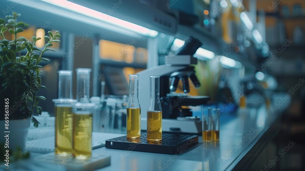 Advanced scientific laboratory with microscope, test tubes, and bright lighting showcasing modern research environment. Advanced scientific laboratory with microscope, test tubes, and bright lighting showcasing modern research environment.