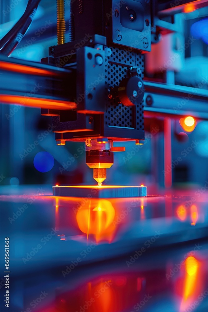 Close-up of a 3D printer in action with vibrant orange and blue lighting, demonstrating advanced manufacturing technology. Close-up of a 3D printer in action with vibrant orange and blue lighting, demonstrating advanced manufacturing technology.