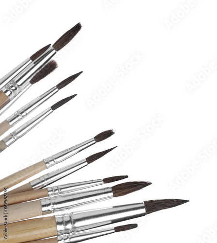 Many different paint brushes on white background