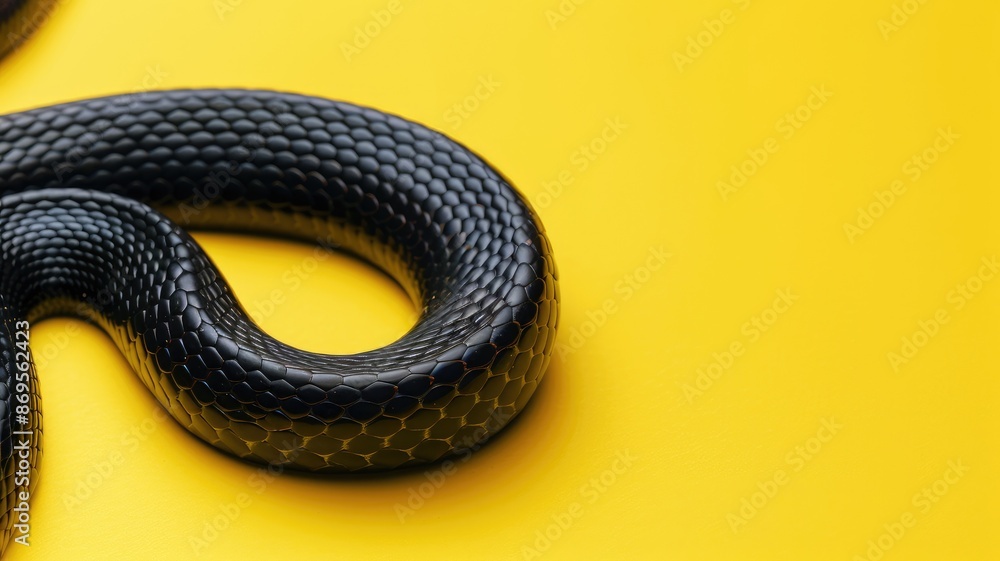Obraz premium Close-up of black snake with glossy scales on yellow background