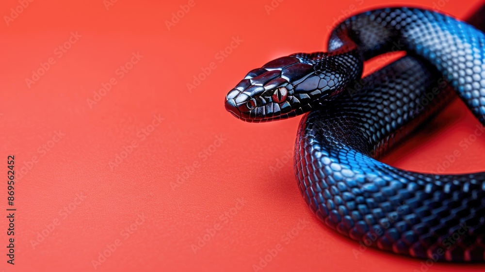 Fototapeta premium Black snake on red surface with shiny scales wrapped in coil