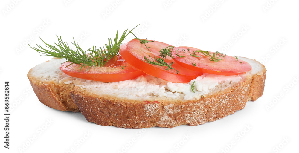 Delicious ricotta bruschetta with sliced tomatoes and dill isolated on white Delicious ricotta bruschetta with sliced tomatoes and dill isolated on white