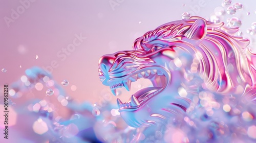 AI-enhanced image of the Merlion with holographic water, digital art, bright colors, high-tech and mythical