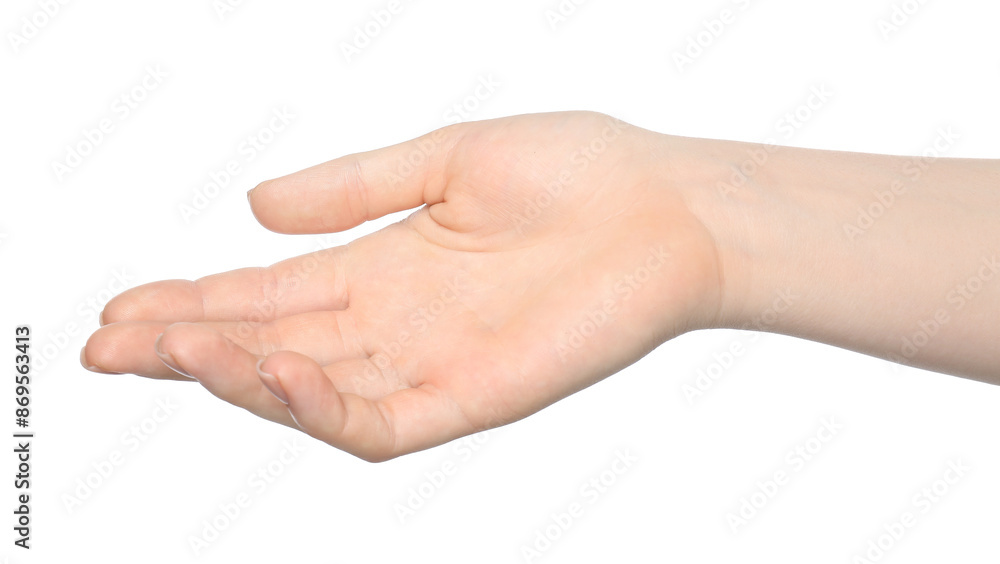 Woman showing hand on white background, closeup Woman showing hand on white background, closeup