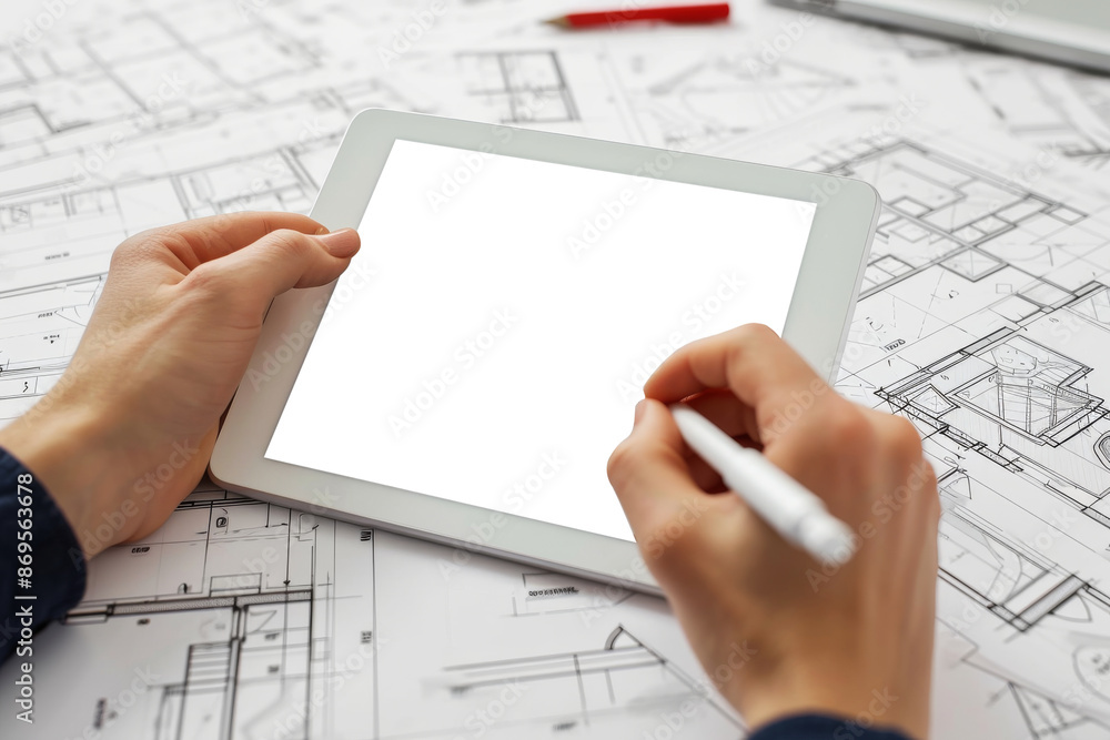 A designer is using a tablet computer to sketch the interior of a new restroom. A designer is using a tablet computer to sketch the interior of a new restroom.