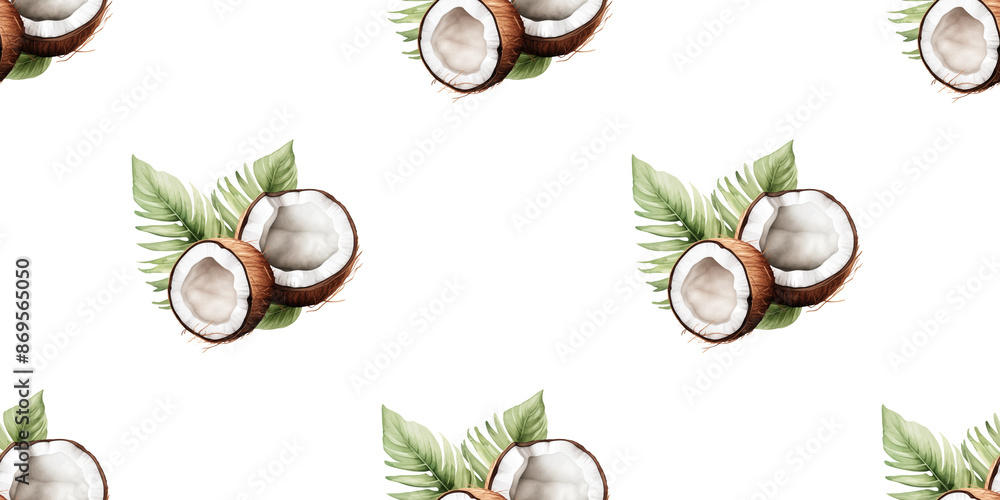 Two halves of coconut and green coconut leaves on a white background, hand-drawn illustration, seamless pattern, horizontal arrangement. Two halves of coconut and green coconut leaves on a white background, hand-drawn illustration, seamless pattern, horizontal arrangement.
