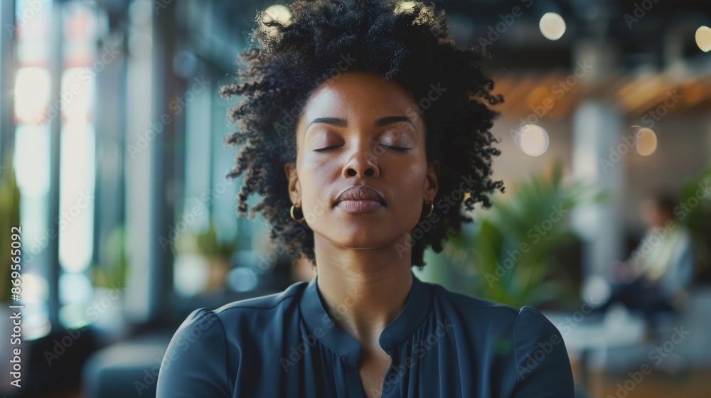 Serene businesswoman in a bustling office setting, using meditation to maintain clarity and reduce stress Serene businesswoman in a bustling office setting, using meditation to maintain clarity and reduce stress