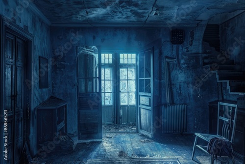 Terrifying interior of a deserted house featuring open doors leading to a dark hallway and shattered furniture, with eerie light streaming from the window; concept art, horror photography, highly deta