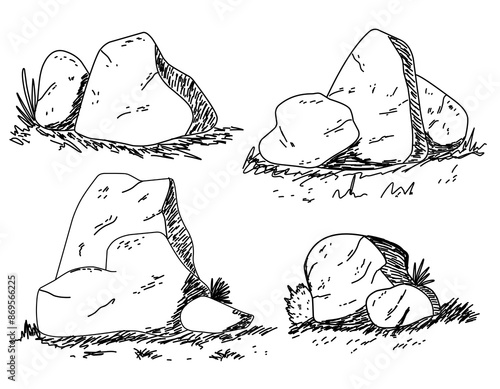 Hand drawn sketch of stones in black and white. Vintage artwork or classic image. 