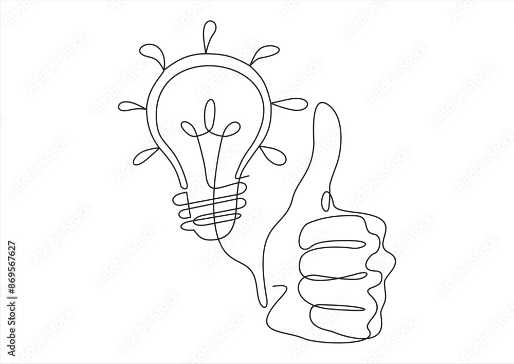 a light bulb with a thumb up.one line continuous drawing. a light bulb with a thumb up.one line continuous drawing.