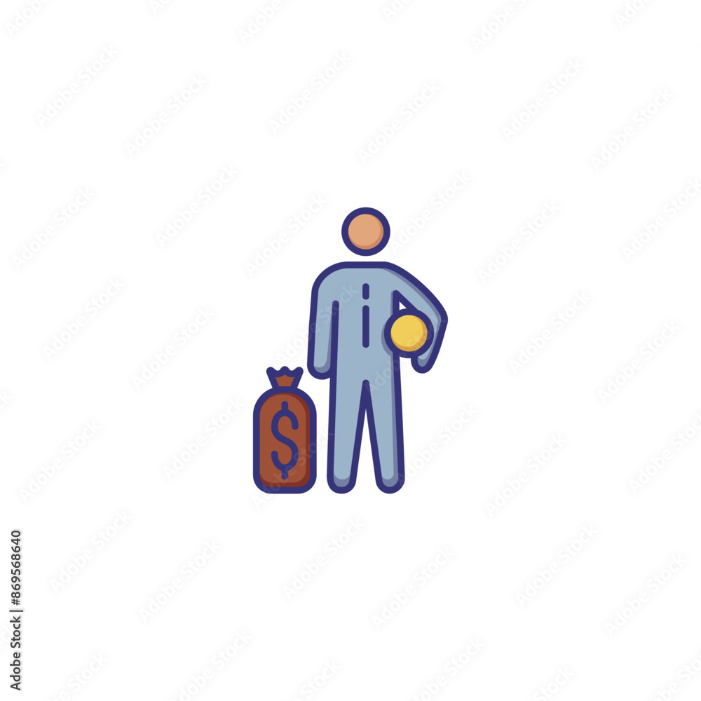 Encashment line icon. Man and bags with cash. Finance concept. Can be used for topics like money, retail, banking, security Encashment line icon. Man and bags with cash. Finance concept. Can be used for topics like money, retail, banking, security