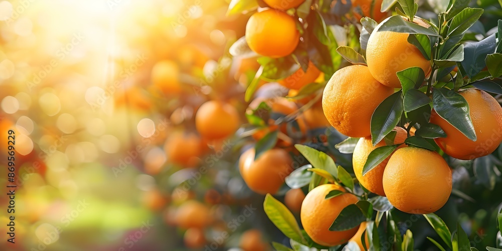 Oranges ready for picking on a sunlit orchard tree in a citrus farm. Concept Fruit Farming, Citrus Harvest, Agriculture, Orchard Management, Sunlit Landscape Oranges ready for picking on a sunlit orchard tree in a citrus farm. Concept Fruit Farming, Citrus Harvest, Agriculture, Orchard Management, Sunlit Landscape