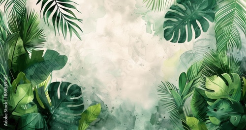 Watercolor Illustration of Lush Tropical Leaves on a Light Background