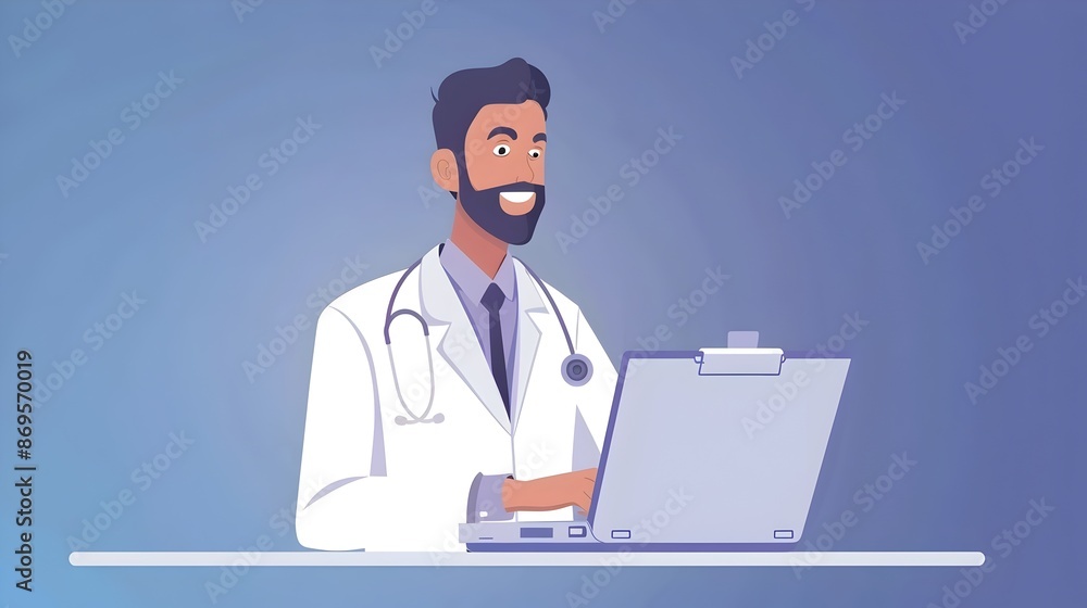 Doctor with Clipboard Appearing on Laptop Screen for Virtual Consultation and Professional Doctor with Clipboard Appearing on Laptop Screen for Virtual Consultation and Professional