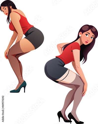 Two young women wearing short skirts bending over posing