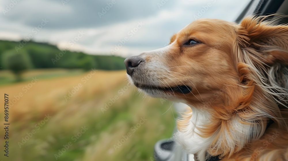 Dog's blissful expression, ears flapping in the wind, head out of car window on a sunny drive Dog's blissful expression, ears flapping in the wind, head out of car window on a sunny drive