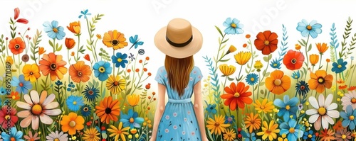 A woman in a hat admires colorful flowers in full bloom, creating a tranquil and joyful mood at daylight photo