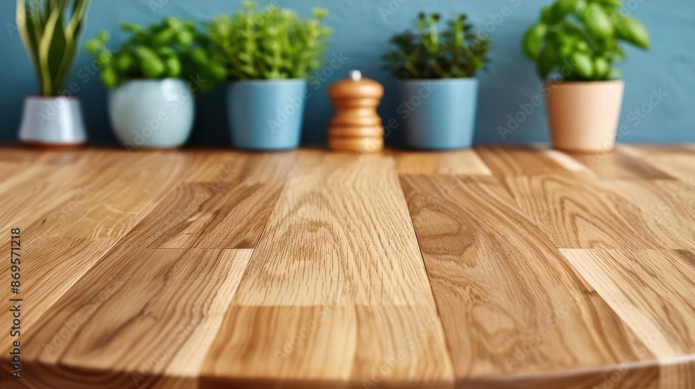Fototapeta premium Bright kitchen countertops adorned with potted herbs and various cooking utensils, creating a fresh and inviting atmosphere