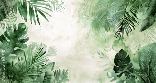 Watercolor Illustration of Lush Tropical Leaves on a Light Background