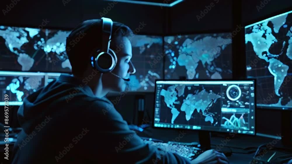 A person wearing headphones is sitting in front of multiple computer screens. The screens are displaying maps and data. A person wearing headphones is sitting in front of multiple computer screens. The screens are displaying maps and data.
