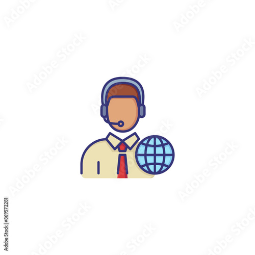 Interpreter line icon. Character in headset with globe. Translation concept. Can be used for topics like global communication, occupation, booth interpretation