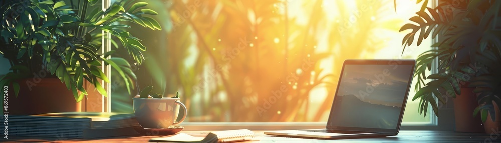 A serene study area with a laptop, notebooks, and a cup of coffee, perfect for online learning and homework, calm and focused ambiance A serene study area with a laptop, notebooks, and a cup of coffee, perfect for online learning and homework, calm and focused ambiance