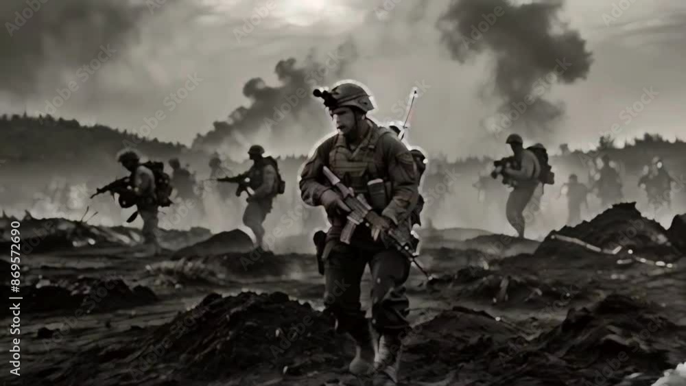 A black and white photo of a group of soldiers advancing through a war zone. A black and white photo of a group of soldiers advancing through a war zone.