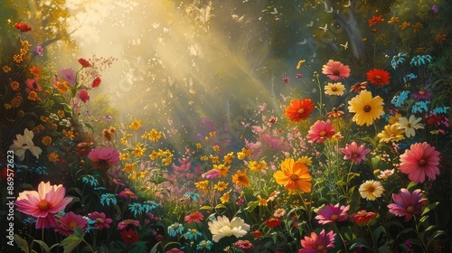 Soft morning light illuminating flower garden © KALEYA
