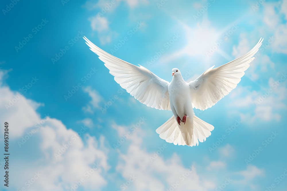 Fototapeta premium White Dove of Peace in the Air with Wings Wide Open Against Blue Sky