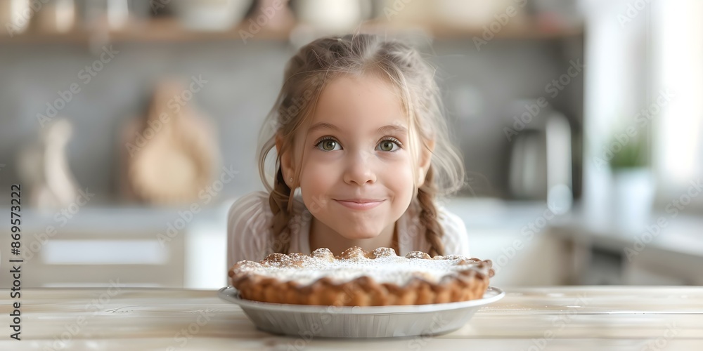 Young girl at table with pie tempted by aroma ready to share. Concept Family baking, Aroma of pie, Sharing treats, Tempting desserts, Young girl at table Young girl at table with pie tempted by aroma ready to share. Concept Family baking, Aroma of pie, Sharing treats, Tempting desserts, Young girl at table