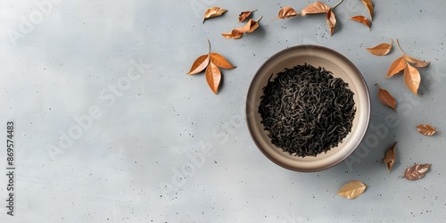 Minimalist hojicha tea leaves arrangement with warm earth tones and whimsical comic-inspired design. Concept Minimalist, Hojicha Tea Leaves, Warm Earth Tones, Whimsical, Comic-Inspired Design photo