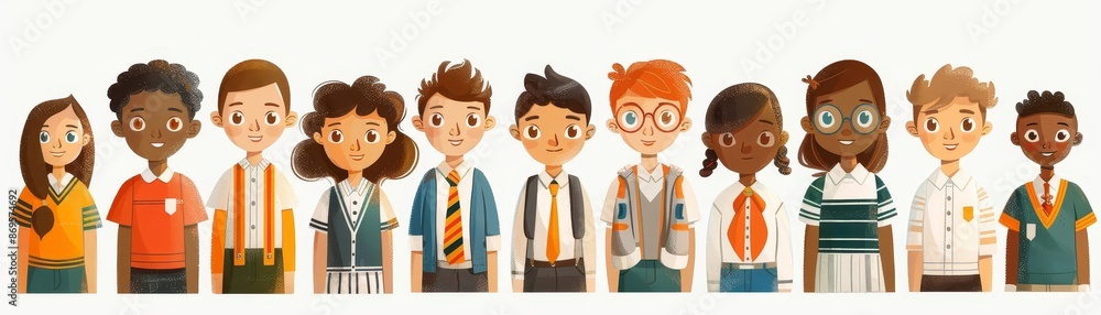 Students in various school uniforms representing different schools, standing together with smiling faces, diverse and colorful Students in various school uniforms representing different schools, standing together with smiling faces, diverse and colorful
