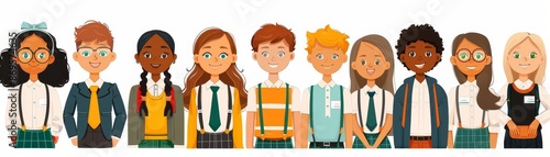 Students in various school uniforms representing different schools, standing together with smiling faces, diverse and colorful