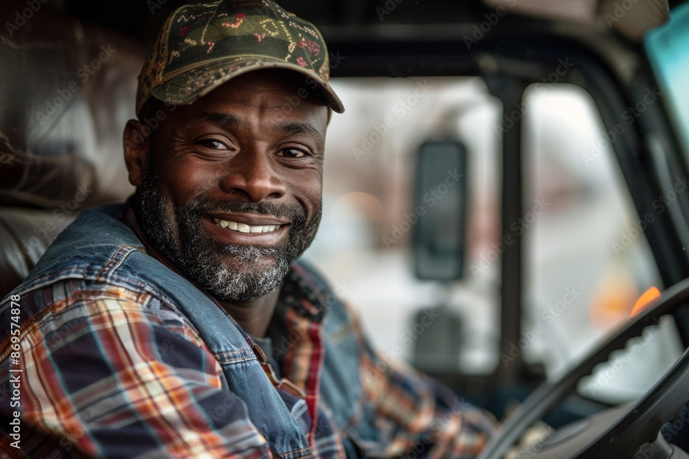 A happy black truck driver sitting in the cab of his vehicle A happy black truck driver sitting in the cab of his vehicle