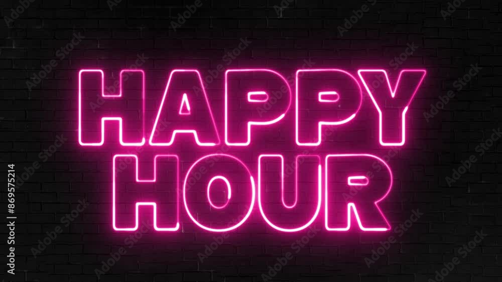 Happy Hour text font with light. Luminous and shimmering haze inside the letters of the text Happy Hour. Happy Hour neon sign. Happy Hour text font with light. Luminous and shimmering haze inside the letters of the text Happy Hour. Happy Hour neon sign.