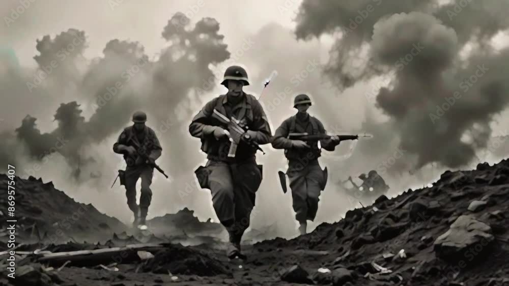 This is a black and white photo of a group of soldiers running through a smoky battlefield. This is a black and white photo of a group of soldiers running through a smoky battlefield.