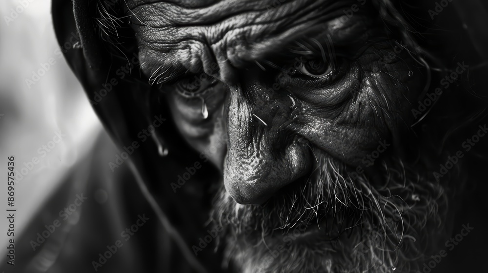 Close-up Black and White Portrait of a Sad, Elderly Man with Tears Close-up Black and White Portrait of a Sad, Elderly Man with Tears