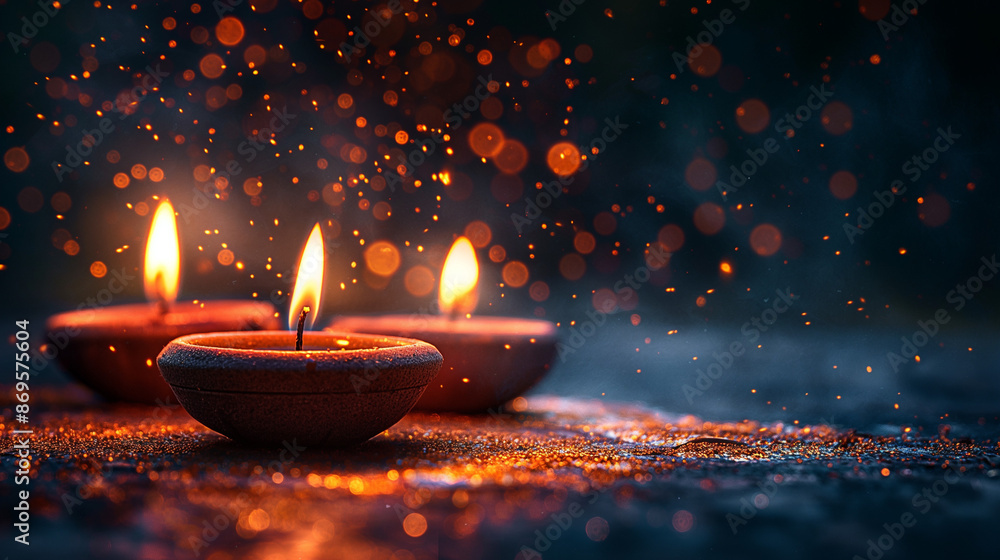 Diwali symbol concepts with light drop splash isolated on dark background, Greeting card for Happy Diwali Festival of light with clay Diya lamps. Top view. Generative AI Illustrations. Diwali symbol concepts with light drop splash isolated on dark background, Greeting card for Happy Diwali Festival of light with clay Diya lamps. Top view. Generative AI Illustrations.