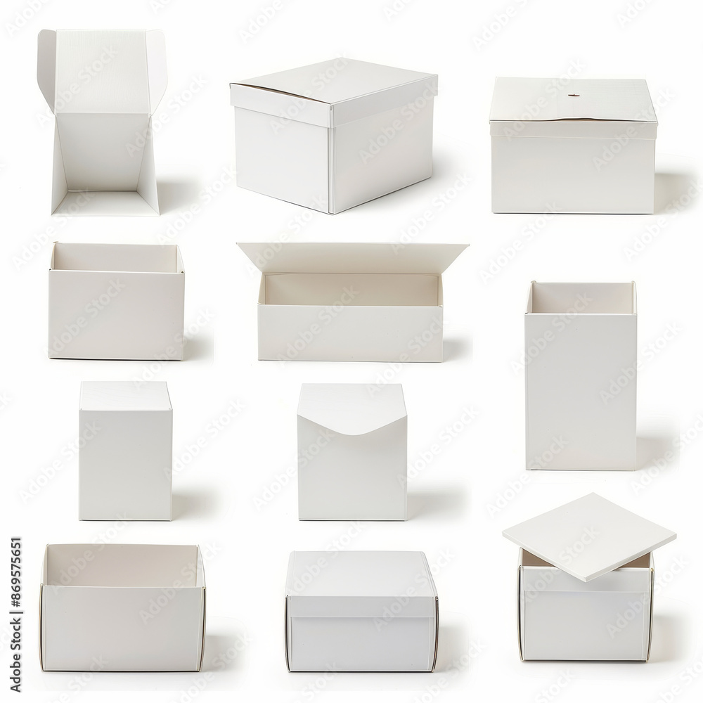 Assortment of blank white carton boxes, isolated on a white background. Assortment of blank white carton boxes, isolated on a white background.