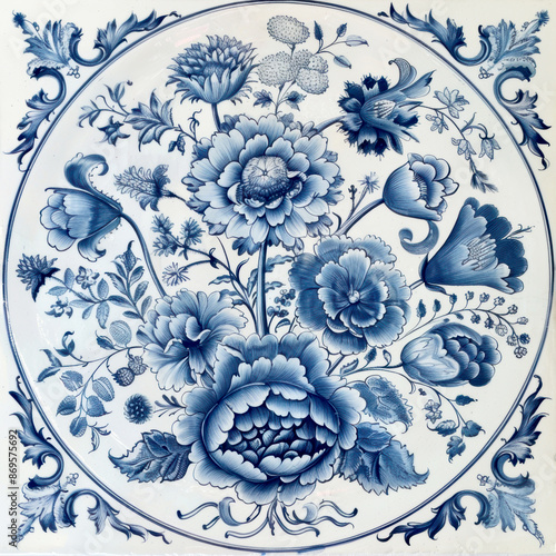 beautiful pattern of blue,genre scenes and blue motifs in flemish porcelain . AI generativ.