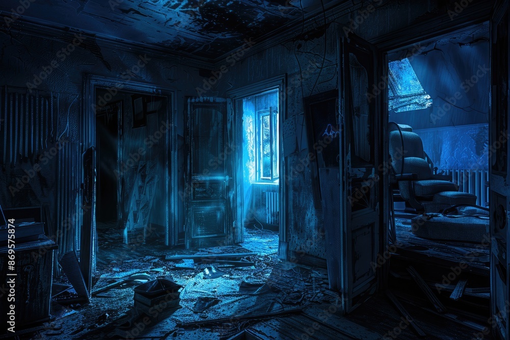 Terrifying interior of a deserted house featuring open doors leading to a dark hallway and shattered furniture, with eerie light streaming from the window; concept art, horror photography, highly deta Terrifying interior of a deserted house featuring open doors leading to a dark hallway and shattered furniture, with eerie light streaming from the window; concept art, horror photography, highly deta
