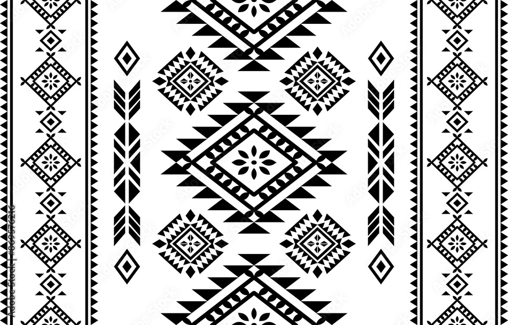 Fototapeta premium Ancient echoes Aztec geometric seamless patterns southwest Navajo Native American tribal ethnic black and white for textile printing