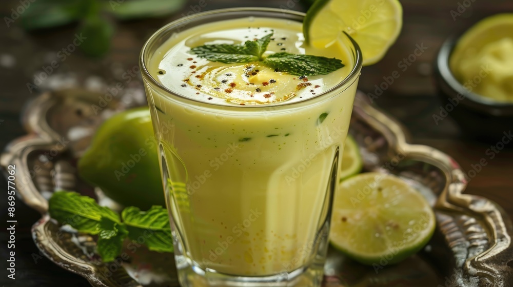 Aesthetically presented traditional Indian lime lassi Aesthetically presented traditional Indian lime lassi